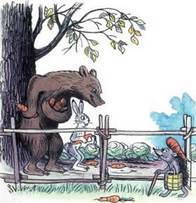 Дядя Миша  медведь с морковкой и зайцем встретили ежа