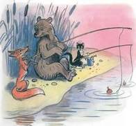 Дядя Миша медведь с котом на рыбалке на берегу озера лиса