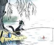 сказка Кот-рыболов кот ловит рыбу у озера