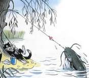 сказка Кот-рыболов кот вытаскивает из озера сомапоймал на удочку