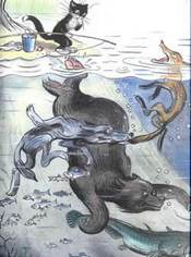 сказка Кот-рыболов медведь лиса волк сом вводе озера рыба